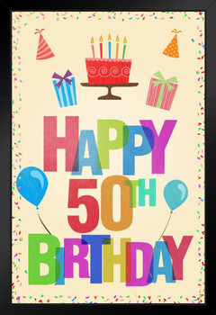 Happy 50th Birthday Party Decoration Light Black Wood Framed Art Poster 14x20