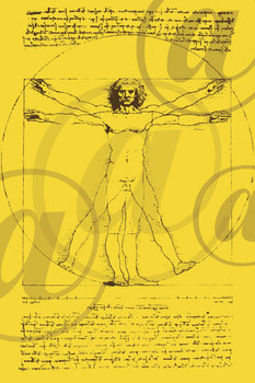 Laminated Leonardo Da Vinci Vitruvian Man Drawing Sketch Renaissance Yellow Art Poster Dry Erase Sign 12x18