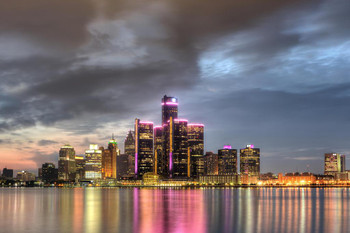 Laminated Detroit Michigan Cityscape Skyline at Dusk Photo Art Print Poster Dry Erase Sign 12x18