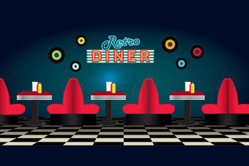 Laminated Retro Diner Restaurant Scene Inside Seating Booths Vintage Retro Checkerboard Neon Sign Classic Diner Design Poster Dry Erase Sign 18x12