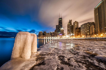 Laminated Lake Michigan Frozen Chicago Illinois Skyline Photo Art Print Poster Dry Erase Sign 18x12