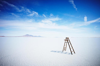 Laminated Empty Ladder Standing in Water on Salt Flats Photo Art Print Poster Dry Erase Sign 18x12