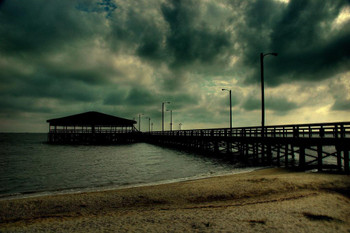 Laminated Dark Pier Photo Photograph Sand Beach Dock Gulf Mexico Ocean Storm Stormy Horizon Clouds Coastline Coast Weather Nature Ominous Dangerous Architecture Texas Port Poster Dry Erase Sign 18x12