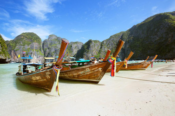 Laminated Long Tail Boats On Maya Bay Beach Thailand Photo Art Print Poster Dry Erase Sign 12x18