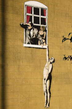 Laminated Banksy Naked Man Hanging From Window Dusk Street Art Banksy Canvas Print Bansky Modern Art Grafitti Canvas Wall Art Street Art Prints Graffiti Art For Wall Art Poster Dry Erase Sign 12x18