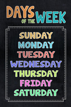 Days of the Week Sign Preschool Elementary School Classroom Dark Educational Teacher Learning Homeschool Chart Display Supplies Teaching Aide Cool Wall Decor Art Print Poster 12x18