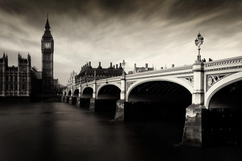 Laminated Stark London Big Ben Westminster Bridge Parliament B&W Photo Art Print Poster Dry Erase Sign 18x12