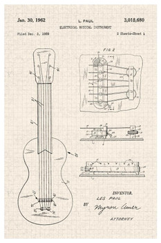 Les Paul Electric Guitar Pickup Sketch Official Patent Diagram Cool Huge Large Giant Poster Art 36x54