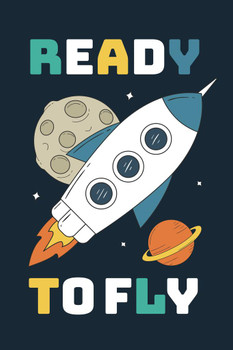 Laminated Ready To Fly Rocket Space Moon Saturn Drawing Art Print Poster Dry Erase Sign 12x18