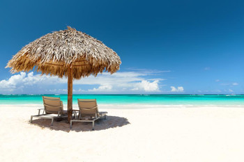 Laminated Beach Chairs Under Umbrella On Beautiful Sand Beach Photo Art Print Poster Dry Erase Sign 18x12