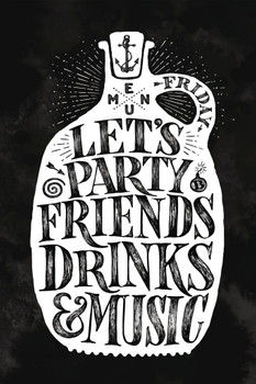 Laminated Lets Party Friends Drinks and Music Vintage Art Print Poster Dry Erase Sign 12x18