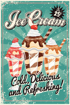 Laminated Ice Cream Cold Delicious and Refreshing Vintage Art Print Poster Dry Erase Sign 12x18