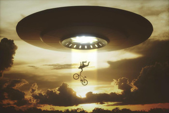 Laminated Alien UFO Flying Saucer Human Biker Abduction Digital Rendering Photo Poster Dry Erase Sign 18x12