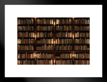 Old Books Two Storied Bookshelf Library Matted Framed Wall Art Print 26x20 inch