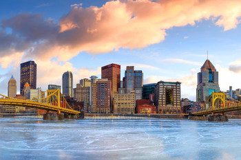 Downtown Pittsburgh Skyline Frozen River Skyline Sunrise Photo Cool Wall Decor Art Print Poster 36x24