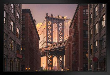 Manhattan Bridge Downtown Brooklyn Sunset Photo Black Wood Framed Art Poster 20x14