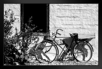 Old Bicycle Under Window Black And White Photo Black Wood Framed Art Poster 20x14