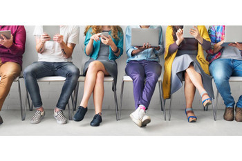 Laminated Friends Sitting In Chairs Connecting Digital Devices Technology Network Photo Poster Dry Erase Sign 18x12