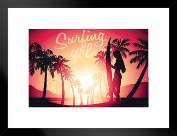 Surfing Girl Sunset Tropical Beach Rendering Matted Framed Art Print Wall Decor 26x20 inch