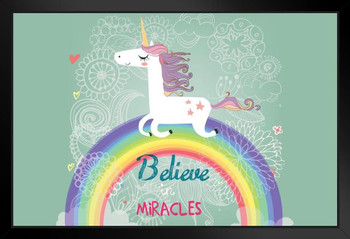 Believe In Unicorns Cute Unicorn On Rainbow Black Wood Framed Art Poster 20x14