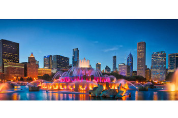 Chicago Skyline Buckingham Fountain Panorama At Night Photo Cool Wall Art Print Poster 36x24