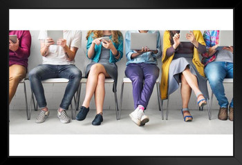 Friends Sitting In Chairs Connecting Digital Devices Technology Network Photo Black Wood Framed Art Poster 20x14