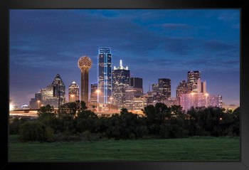 Dallas Texas Skyline Buildings Reunion Tower Illuminated At Night Photo Black Wood Framed Art Poster 20x14