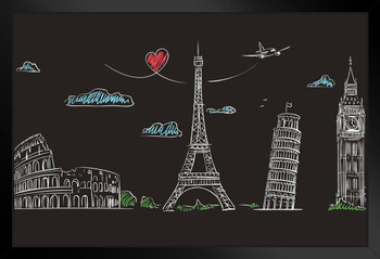 European Landmarks London Rome Paris Chalkboard Sketch Art Black Wood Framed Art Poster 20x14