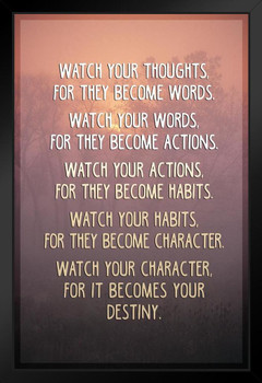 Watch Your Thoughts Sunset Photo Motivational Inspirational Teamwork Quote Inspire Quotation Gratitude Positivity Support Motivate Sign Good Vibes Social Work Black Wood Framed Art Poster 14x20