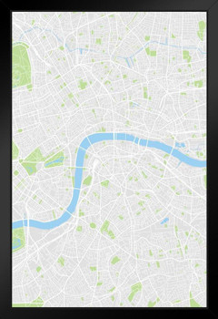 Map Of London England Aerial View Streets River Plan Black Wood Framed Art Poster 14x20