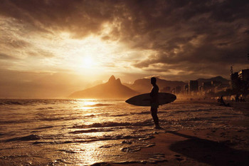 Laminated Surfer On Ipanema Beach Sunset Rio De Janeiro Brazil Poster Dry Erase Sign 18x12