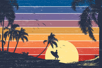 Retro Surfer Sunset Beach Graphic Palm Landscape Pictures Ocean Scenic Scenery Tropical Nature Photography Paradise Scenes Hawaii Hawaiian Style Cool Wall Decor Art Print Poster 24x36