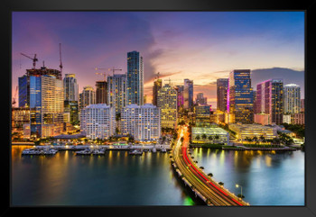 Miami Florida Downtown City Skyline Sunset Photo Beach Palm Landscape Pictures Ocean Scenic Scenery Tropical Nature Photography Paradise Scenes Black Wood Framed Art Poster 20x14