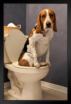 Dog Sitting On Toilet Funny Bathroom Humor Photo Dog Posters For Wall Funny Dog Wall Art Dog Wall Decor Dog Posters For Kids Animal Wall Poster Cute Animal Black Wood Framed Art Poster 14x20
