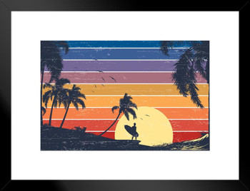 Retro Surfer Sunset Beach Graphic Palm Landscape Pictures Ocean Scenic Scenery Tropical Nature Photography Paradise Scenes Hawaii Hawaiian Style Matted Framed Art Wall Decor 26x20