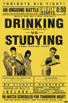 Drinking vs. Studying Fight College Dorm Room Drink Party Mock Boxing Match Parody Funny Educational Cool Wall Decor Art Print Poster 12x18