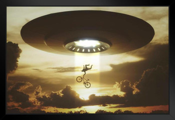 Alien UFO Flying Saucer Human Biker Abduction Digital Rendering Photo Black Wood Framed Art Poster 20x14