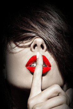 Daveed Benito Hush Sexy Brunette Woman Red Lips Hair Covering Eyes Hush Shhhh Cool Wall Art Print Poster 24x36
