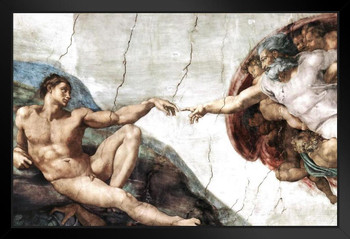 Michelangelo The Creation Adam Fresco Sistine Chapel Ceiling 1512 Biblical Narrative Black Wood Framed Poster 14x20