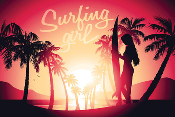 Surfing Girl Sunset Tropical Beach Rendering Cool Wall Decor Art Print Poster 36x24