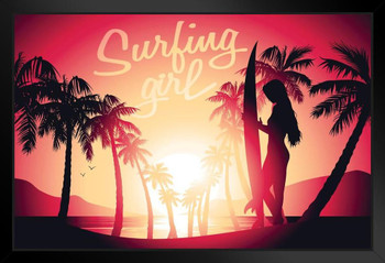 Surfing Girl Sunset Tropical Beach Rendering Black Wood Framed Poster 20x14