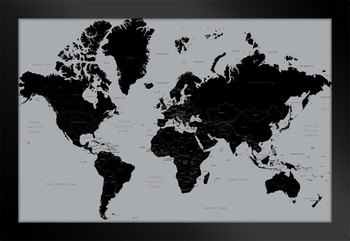 World Map Contemporary Black Wood Framed Poster 20x14