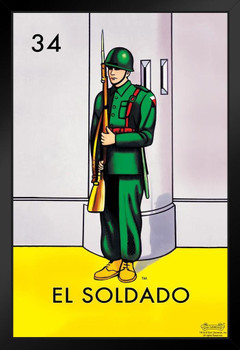 34 El Soldado Soldier Loteria Card Mexican Bingo Lottery Black Wood Framed Poster 14x20