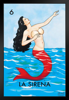 06 La Sirena Mermaid Loteria Card Mexican Bingo Lottery Day Of Dead Dia Los Muertos Decorations Mexico Ocean Sea Fish Party Spanish Native Sign Black Wood Framed Art Poster 14x20