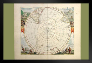 South Pole Hemispherical 1693 Antique Vintage Map Black Wood Framed Poster 14x20