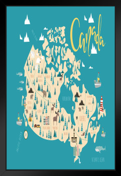 Illustrated Map Of Canadian Provinces Poster Canada Quebec Alberta Kids Picture Educational Classroom Map Black Wood Framed Art Poster 14x20