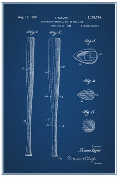 Baseball Bat 1939 Official Patent Blueprint Cool Wall Decor Art Print Poster 12x18