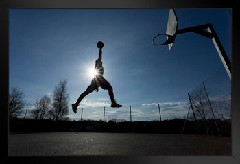 Basketball Player Air Slam Dunk Hoop Silhouette Photo Black Wood Framed Poster 14x20