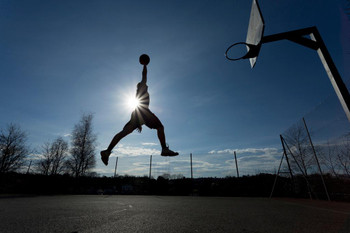 Laminated Basketball Player Air Slam Dunk Hoop Silhouette Photo Poster Dry Erase Sign 12x18