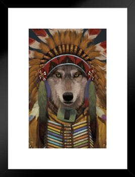 Wolf Spirit Chief Feather Headdress Animal Mashup by Vincent Hie Matted Framed Art Print Wall Decor 20x26 inch